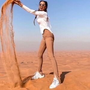 Zara Ottoman High Waist Tan Ribbed Leggings Size Medium Blogger Favorite